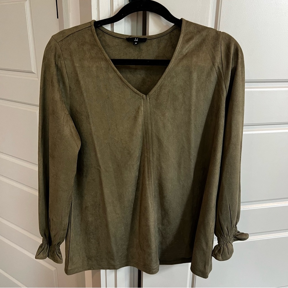 Joh Long Sleeve V-neck Faux Suede Blouse